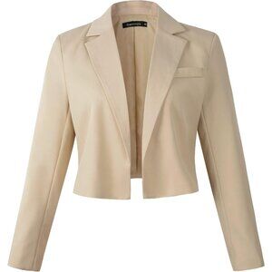 Women's Long Sleeves Open Front Cropped Blazer Jacket Khaki Front Pocket